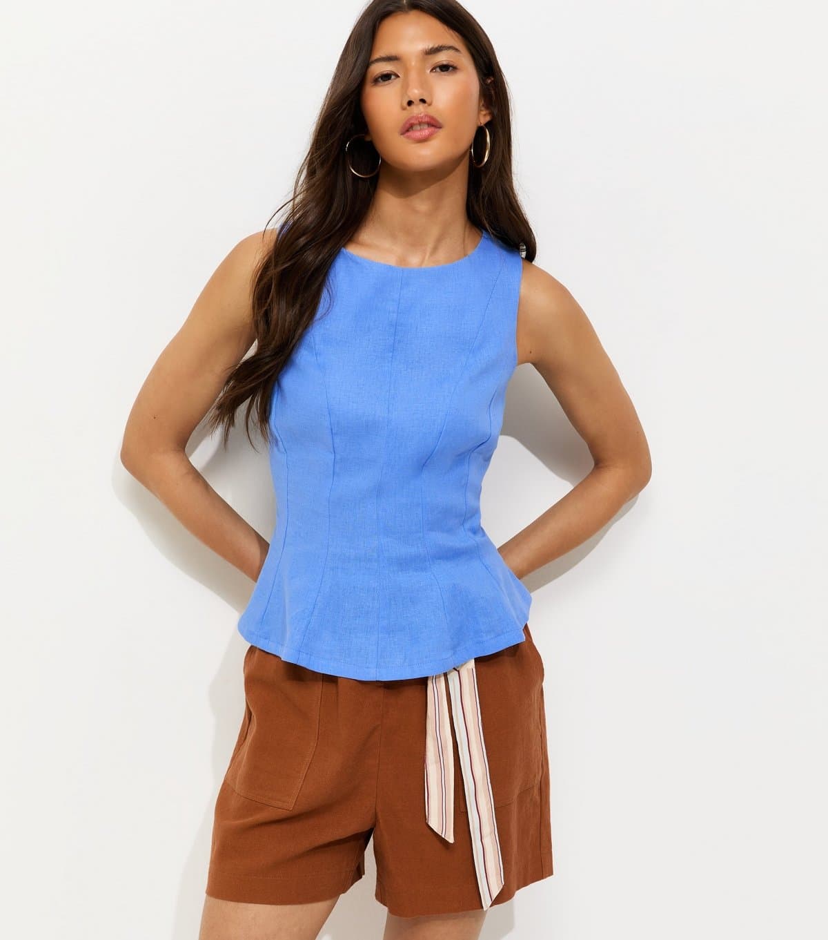 New Look Women's Blue Linen Blend Peplum Top New Look