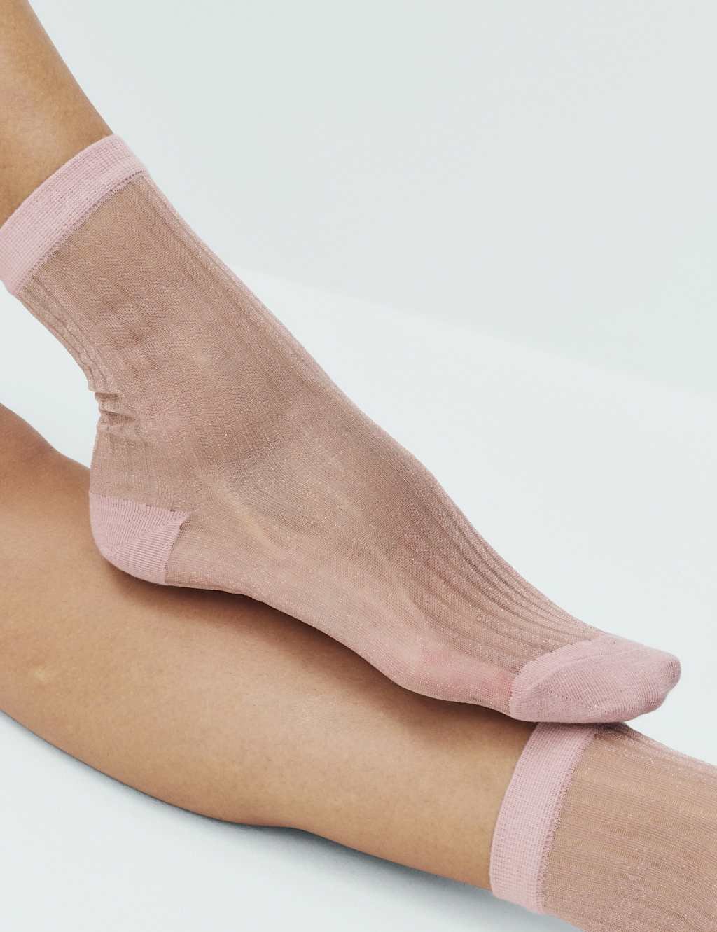 Marks & Spencer M&S Cotton Blend Sheer Ribbed Sparkly Crew Socks Pink - 2
