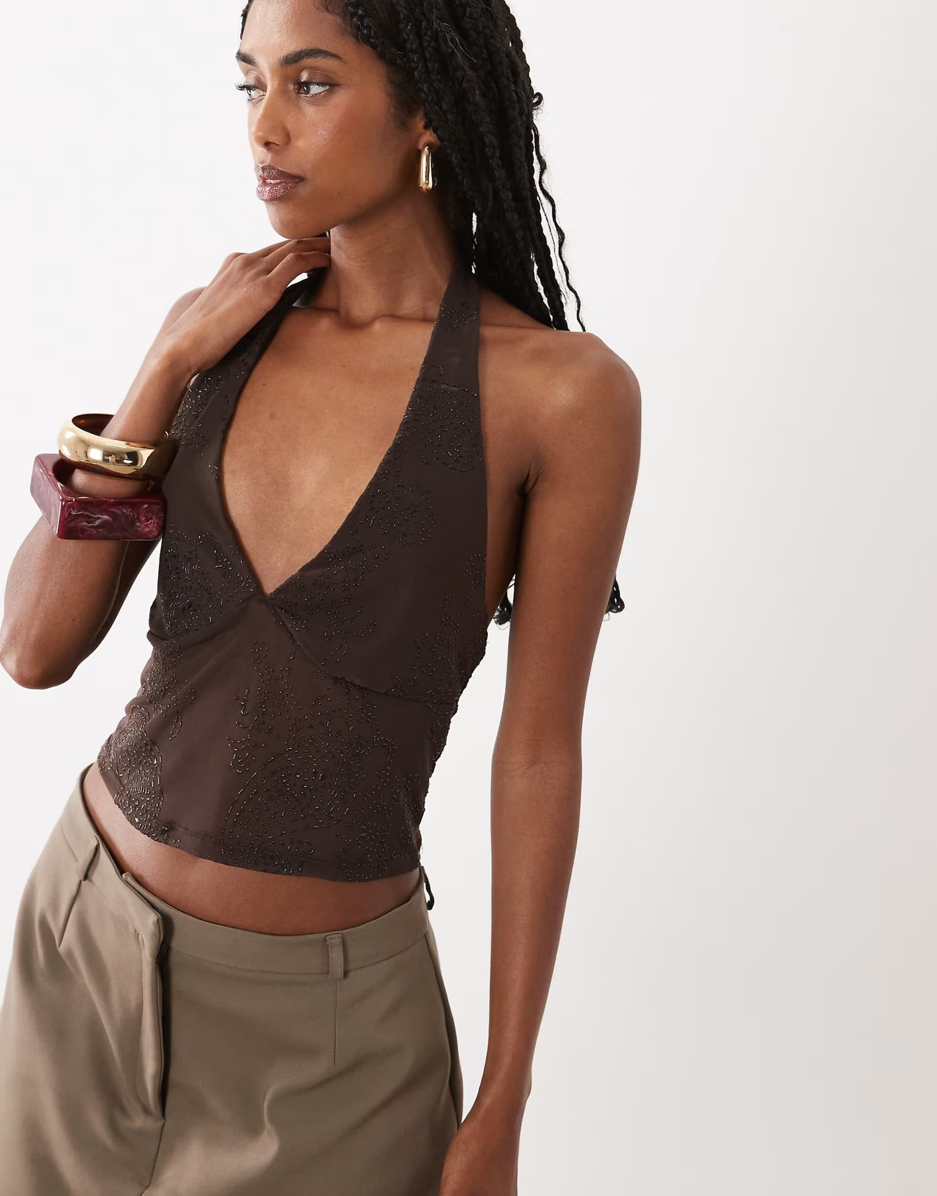 ASOS New Look embellished mesh halter neck top in brown