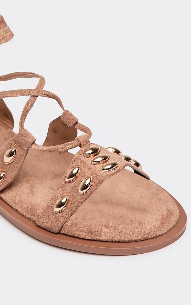 EGO Austria Lace Up Trim Detail Gladiator Sandal In Light Tan Faux Suede, Women's Size UK 3 - 2