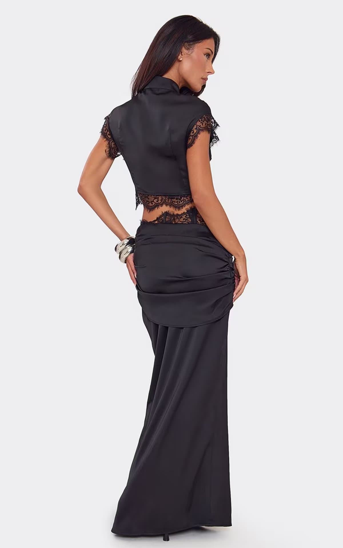 EGO Mid Rise Contrast Lace Trim Ruched Waist Maxi Skirt In Black Satin, Women's Size UK 6