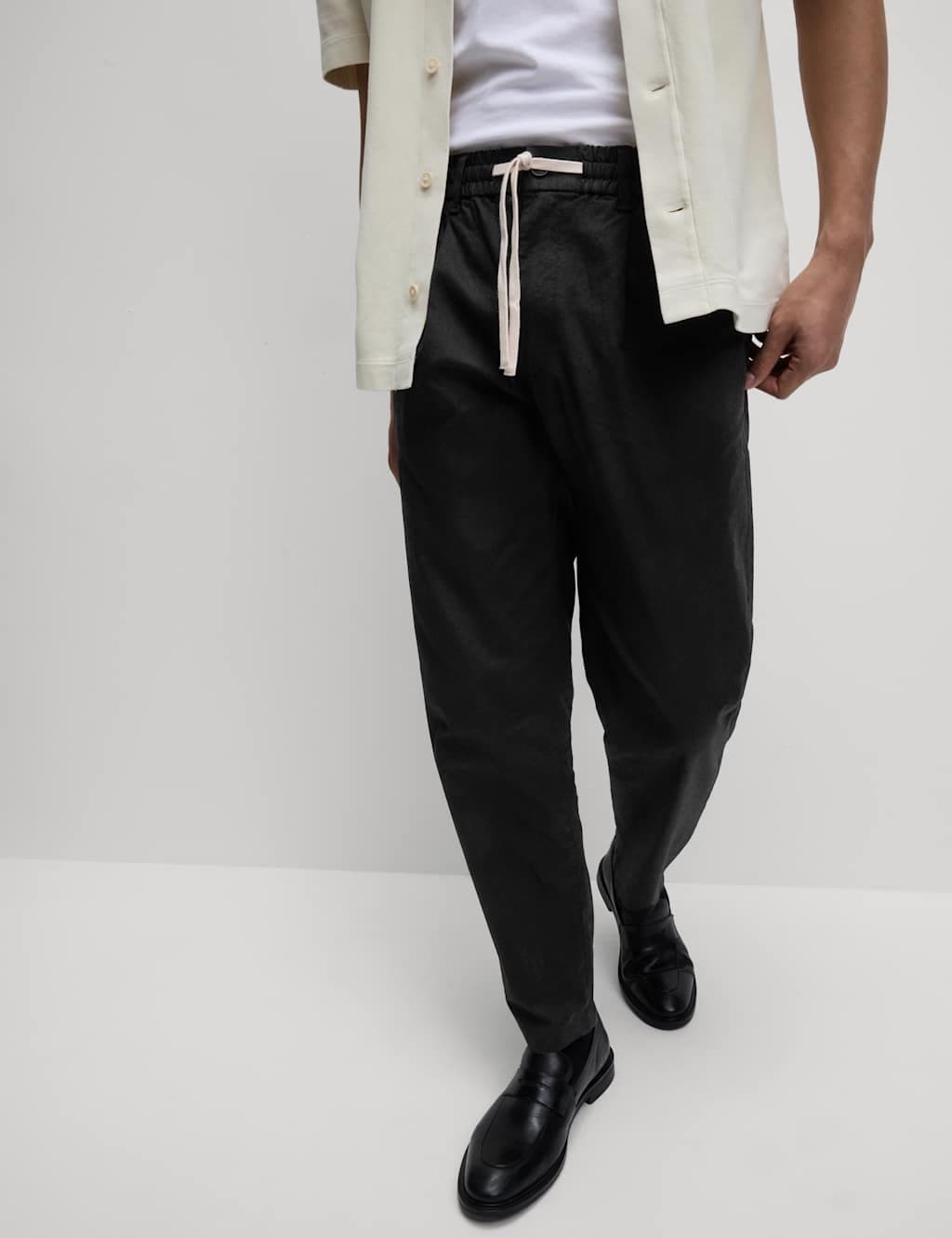 Marks & Spencer M&S Tapered Fit Cotton Linen Blend Elasticated Trousers Black
