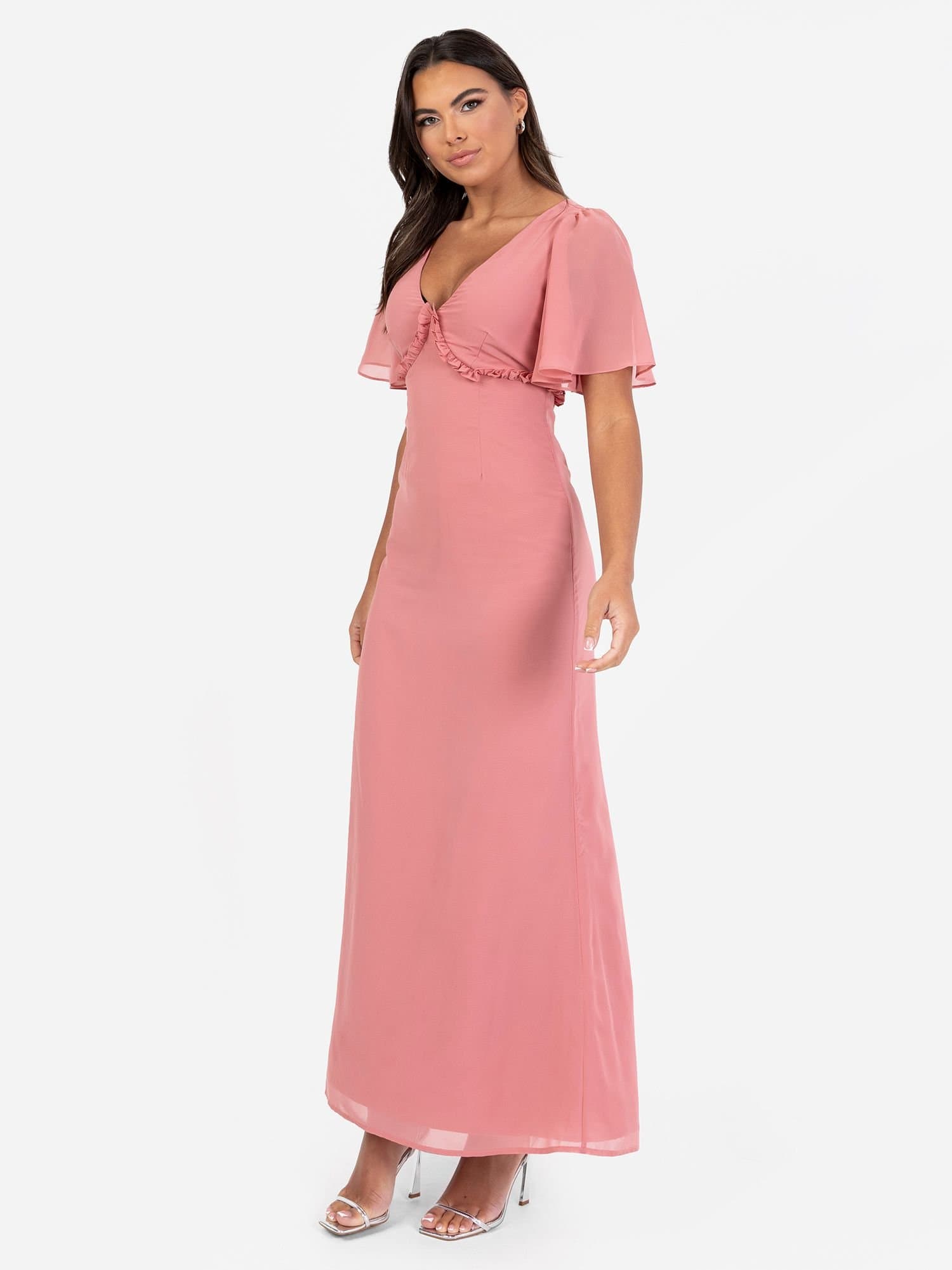 Anaya with Love Anaya with Love Women's V Neck Short Flutter Sleeve Maxi Dress in Pink