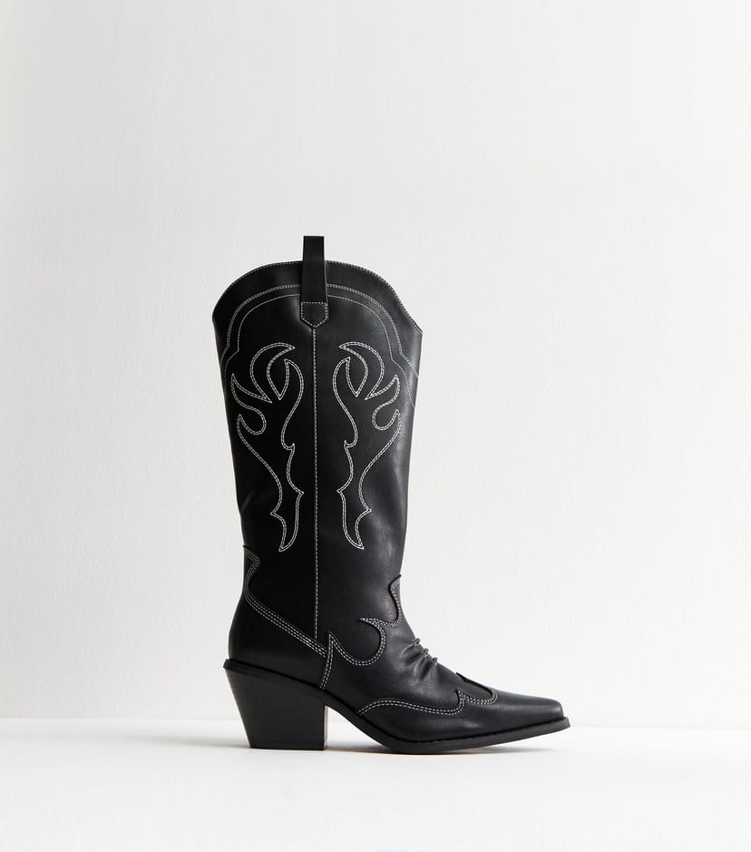 New Look Women's Black Faux Leather Stitch Detail Cowboy Boots Vegan New Look - 1