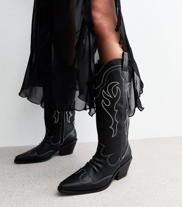 New Look Women's Black Faux Leather Stitch Detail Cowboy Boots Vegan New Look - 2