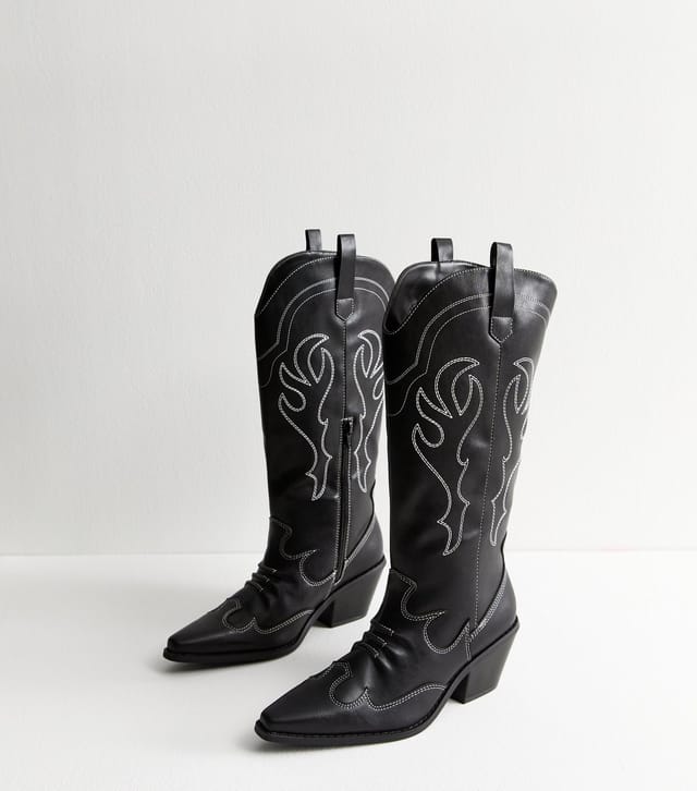New Look Women's Black Faux Leather Stitch Detail Cowboy Boots Vegan New Look - 3