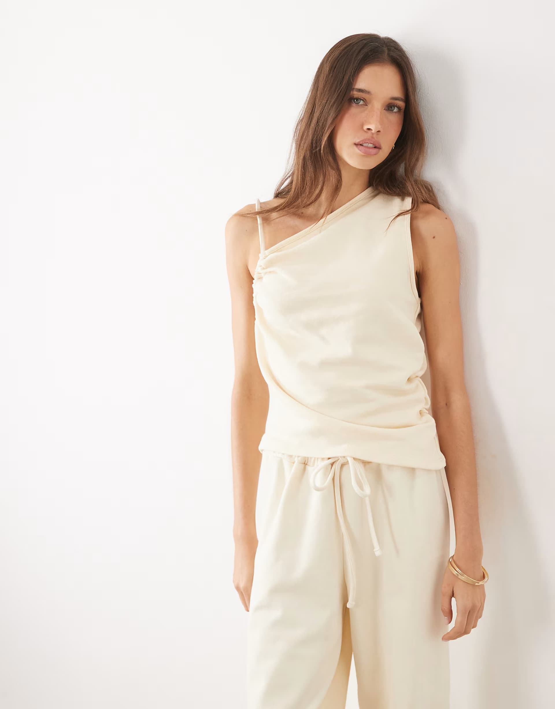 ASOS ASOS DESIGN ruched asymmetric top co-ord in cream