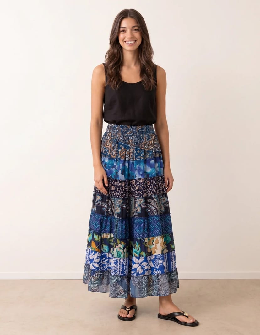 Blue Vanilla Multi Print Shirred Skirt - 1