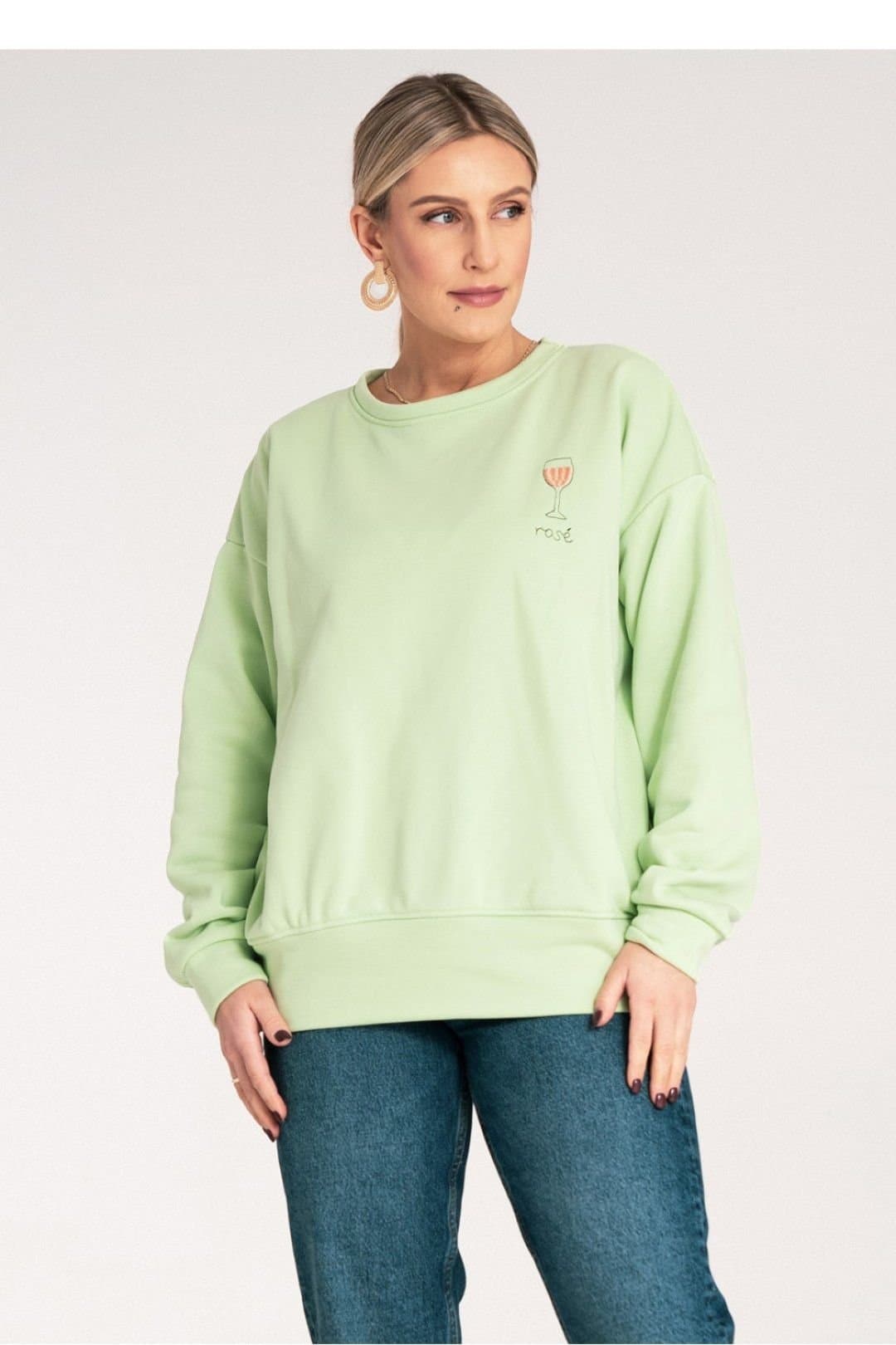 Love Lace Love Lace Women's Casual Loose Fit Embroidered Chest Sweatshirt in Green