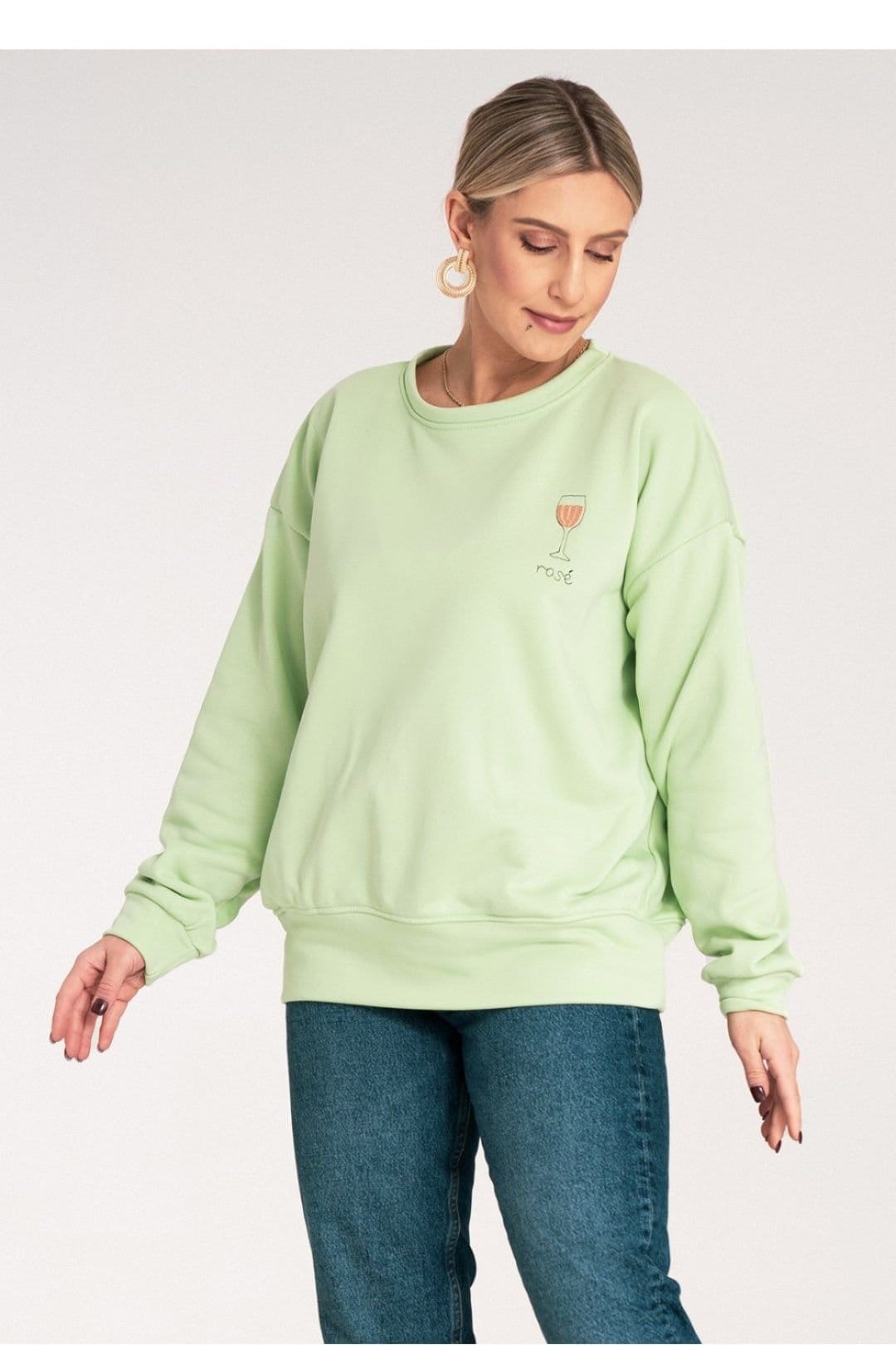 Love Lace Love Lace Women's Casual Loose Fit Embroidered Chest Sweatshirt in Green - 4