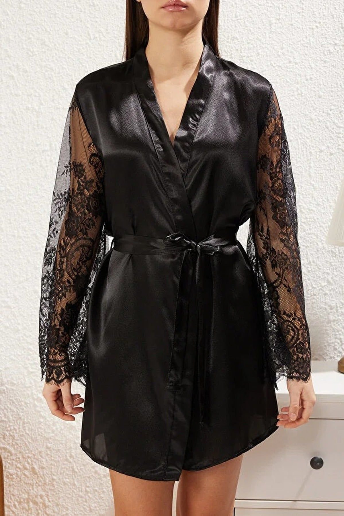 WOVCOR WOVCOR Women's Satin Lace Trim Woven Dressing Gown with Belt in Black - 2