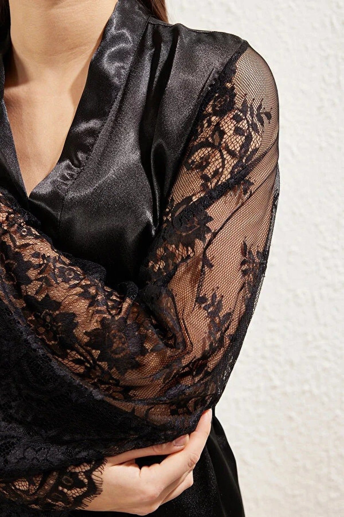 WOVCOR WOVCOR Women's Satin Lace Trim Woven Dressing Gown with Belt in Black - 3