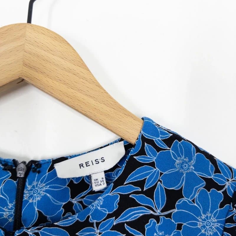 Reiss Reiss Mayzie Printed Floral Midi Dress Size 8 Blue Black 3/4 Sleeve RRP £158