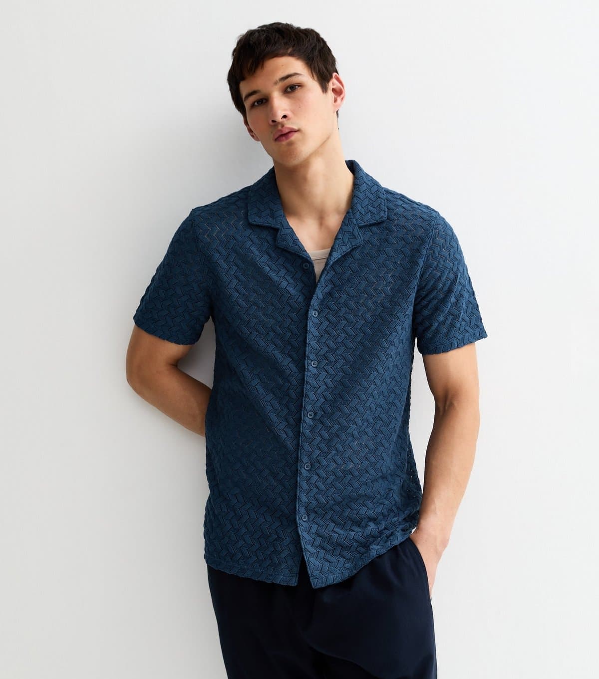 New Look Men's Navy Regular Fit Boxy Short Sleeve Chevron Knit Shirt New Look