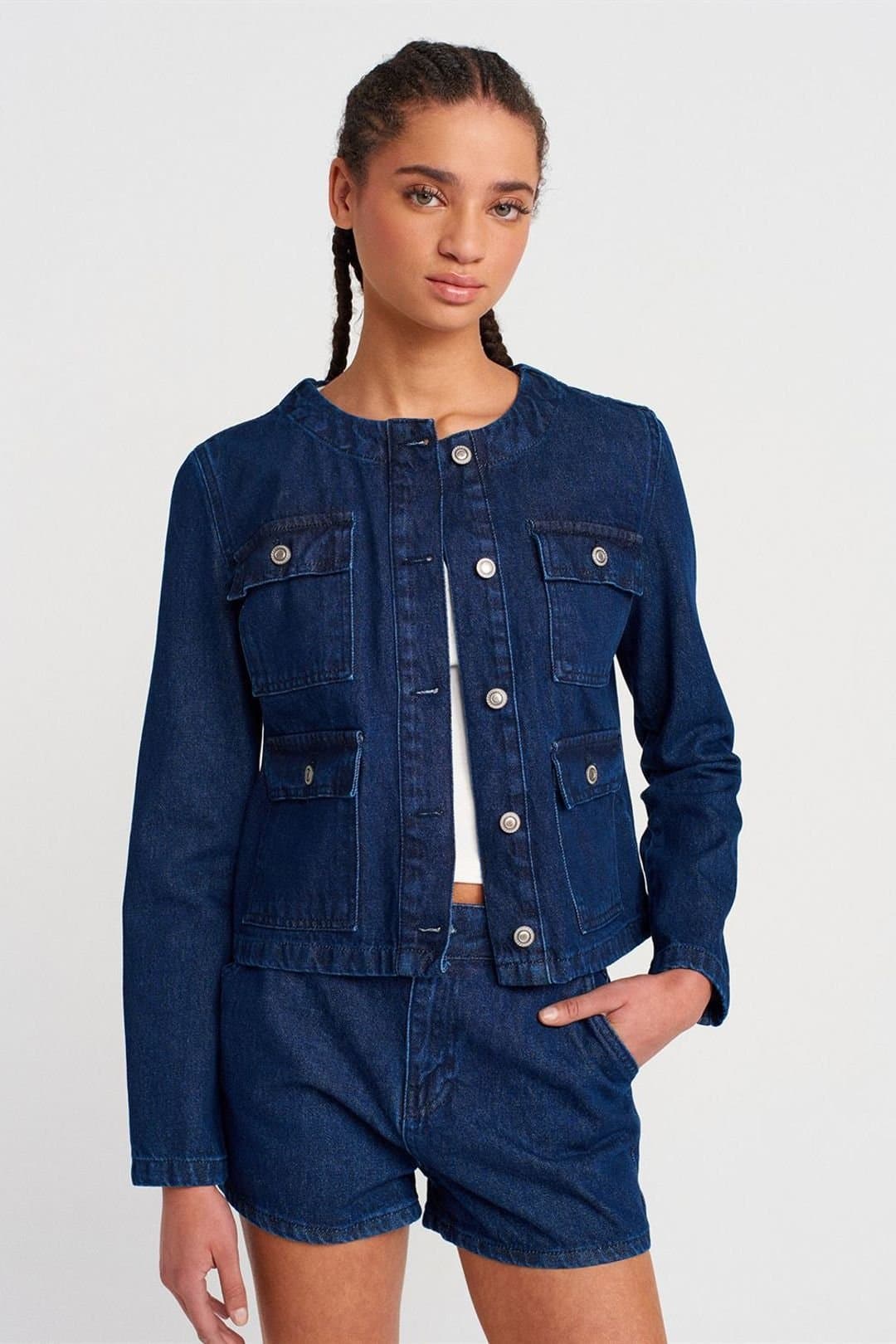 Dilvin Dilvin Women's Cotton Button Jacket in Dark Indigo