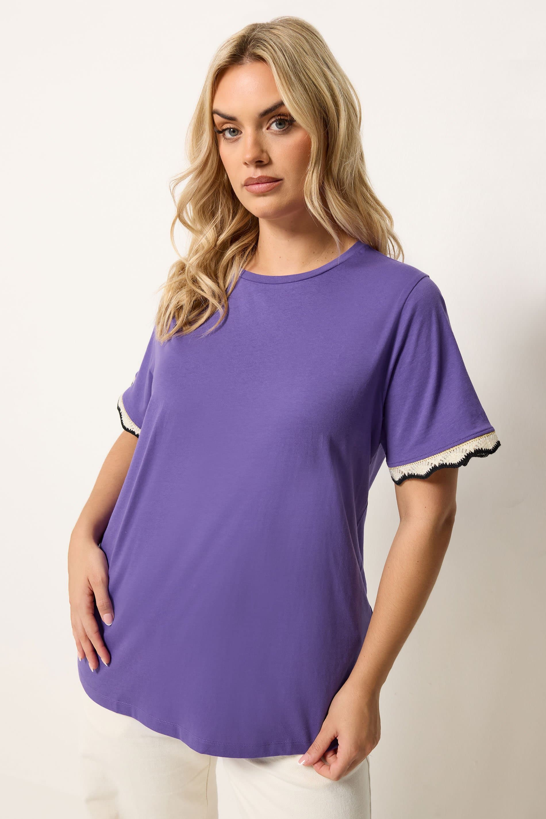 Yours Plus Size Purple Metallic Crochet Trim Tshirt