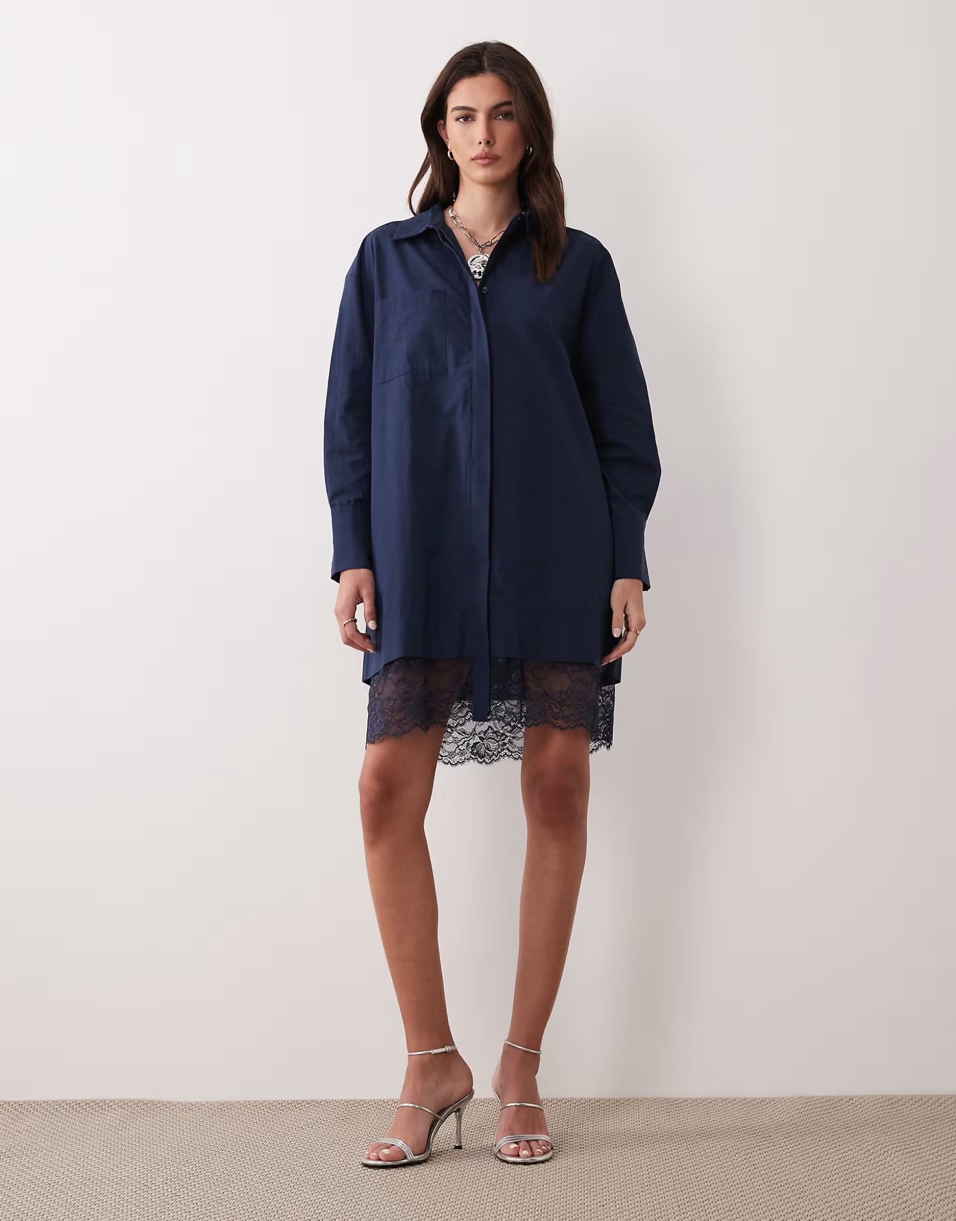 ASOS ASOS DESIGN shirt dress with lace trim in navy
