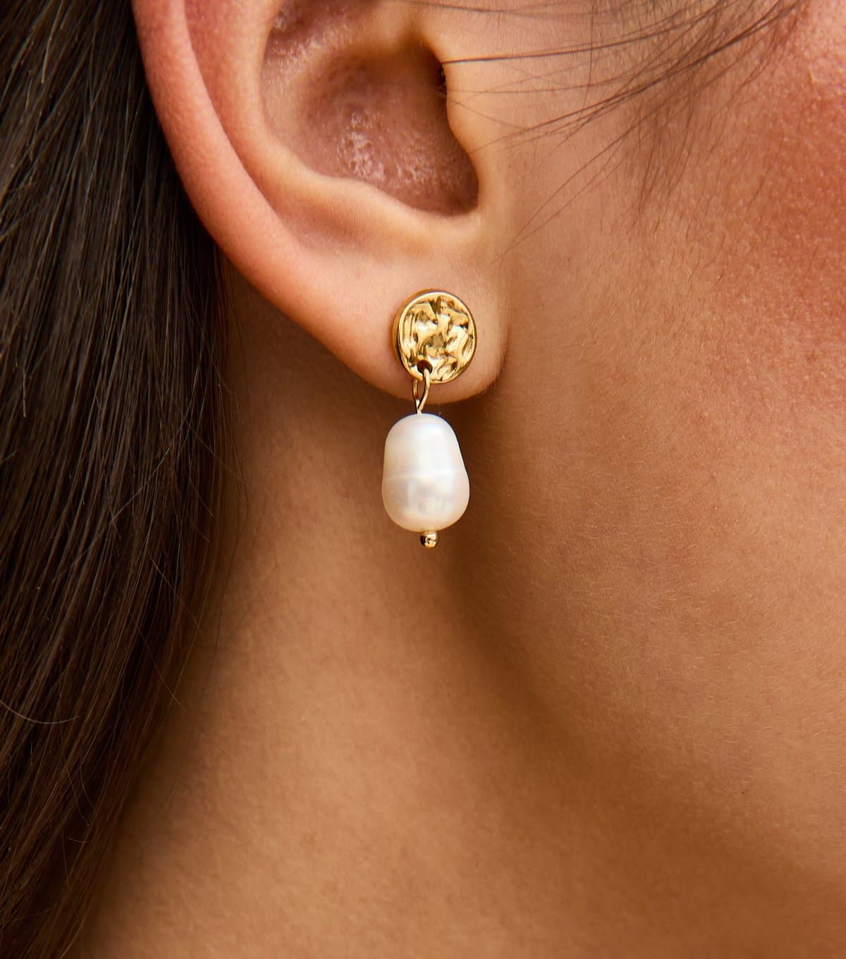 New Look Gold Tone Waterproof Beaten Faux Pearl Drop Earrings New Look