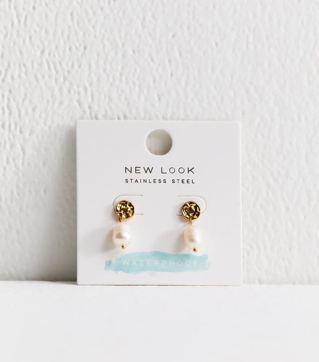 New Look Gold Tone Waterproof Beaten Faux Pearl Drop Earrings New Look - 3