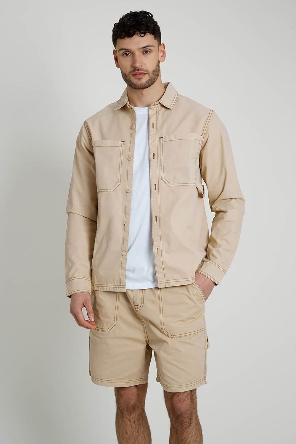 Native Youth Native Youth Men's Long Sleeve Carpenter Contrast Stitch Shirt in Stone