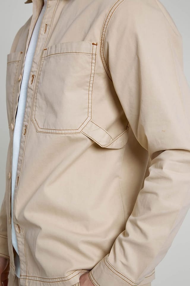 Native Youth Native Youth Men's Long Sleeve Carpenter Contrast Stitch Shirt in Stone - 3