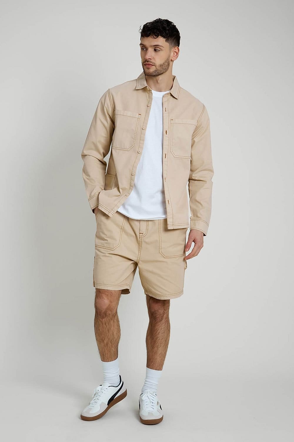 Native Youth Native Youth Men's Long Sleeve Carpenter Contrast Stitch Shirt in Stone - 4