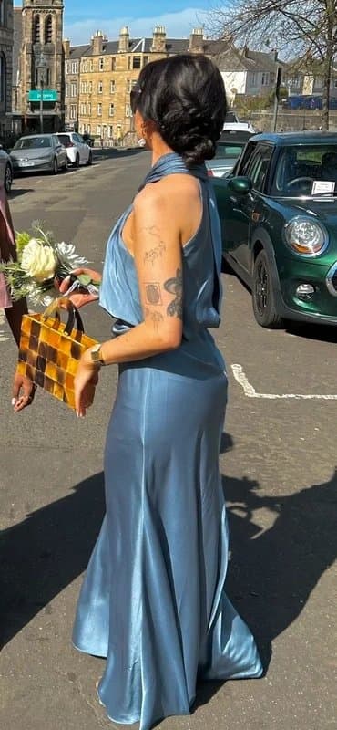 ASOS Design Blue satin occasion bridesmaid halter neck maxi dress