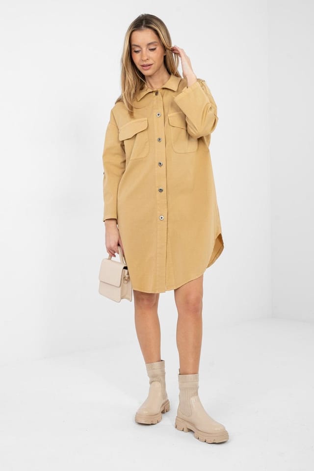 Love Lace Love Lace Women's Cotton Elastane Button Shirt Dress with Pockets in Camel - 2