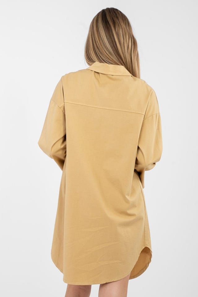 Love Lace Love Lace Women's Cotton Elastane Button Shirt Dress with Pockets in Camel - 3