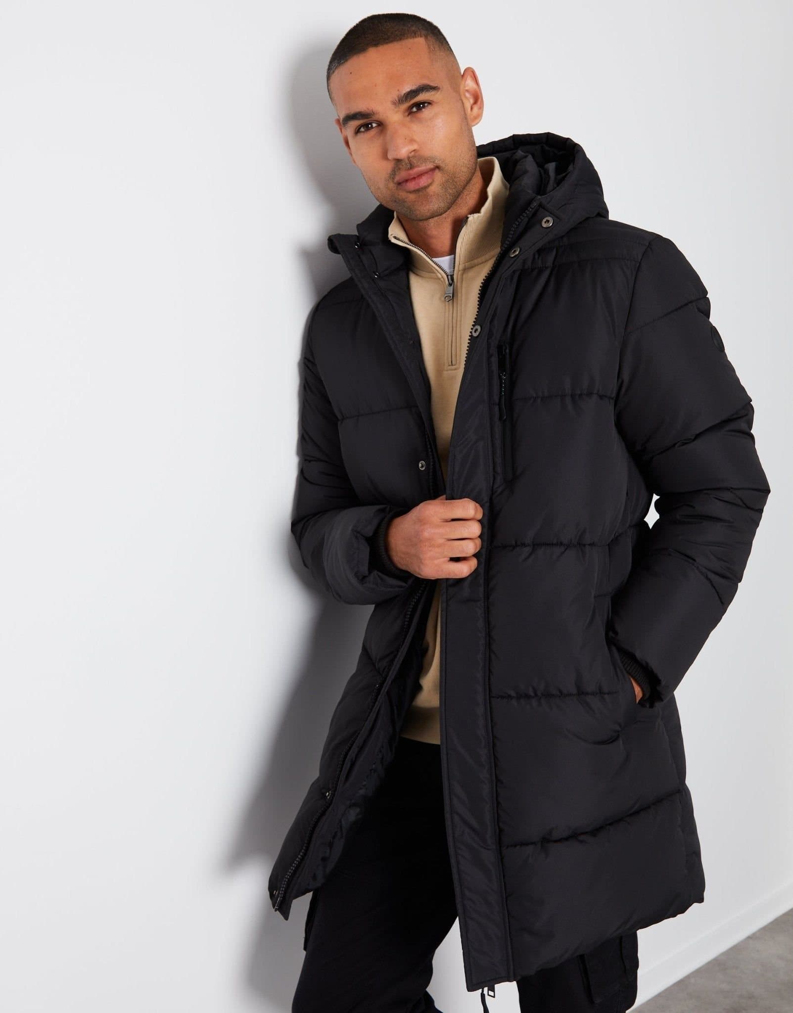 Threadbare threadbare Men's Showerproof Longline Hooded Puffer Coat in Black