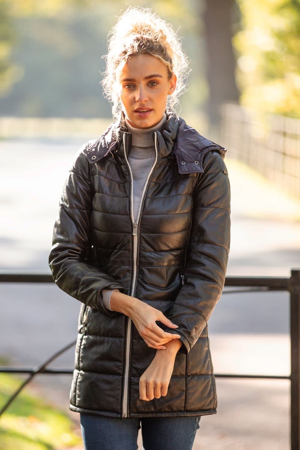 Monomoi Monomoi Women's 'Sofia' Detachable Hood Three Quarter Leather Jacket in Black