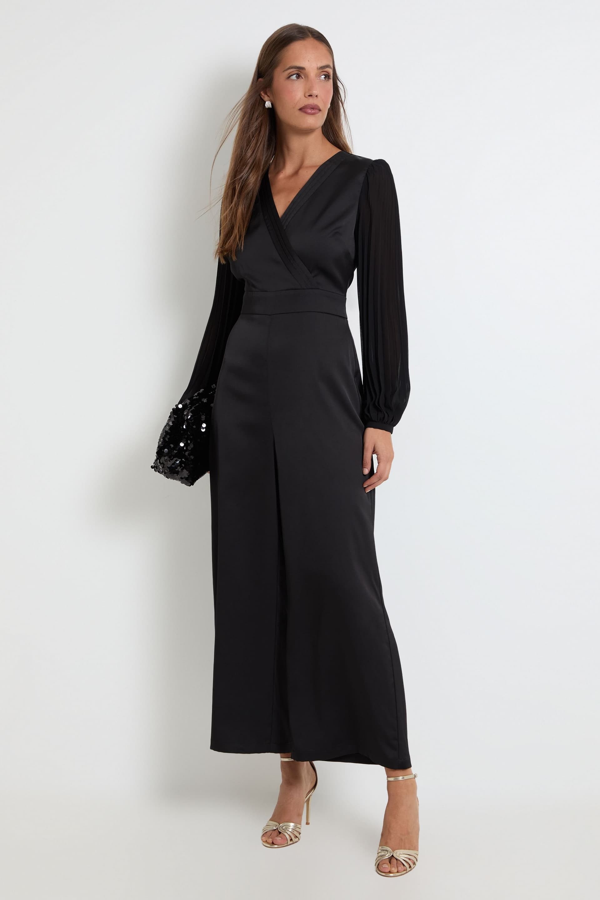 Wallis Wallis Women's Crepe Pleated Sleeve Jumpsuit in Black