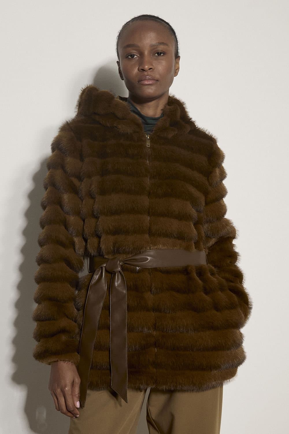 Apricot Apricot Women's Faux Fur Panel Belted Coat in Brown