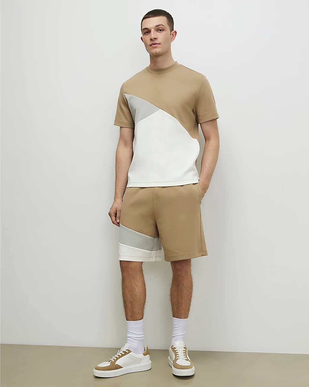 River Island Mens River Island Beige Regular Fit Colour Block Shorts