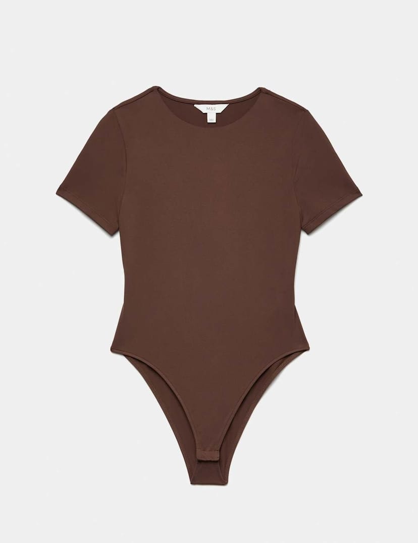 Marks & Spencer M&S Crew Neck Short Sleeve Fitted Bodysuit Chocolate - 1
