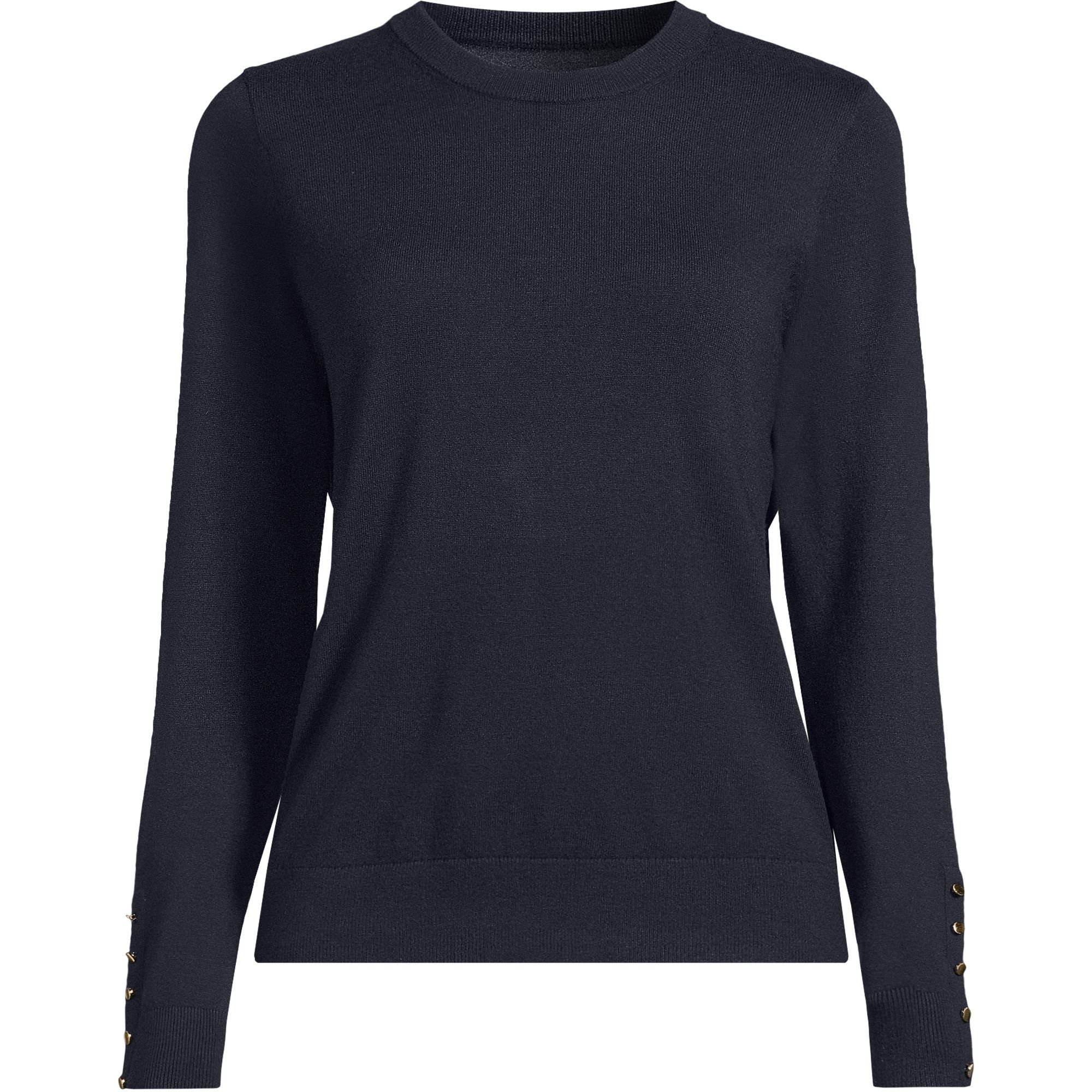 lands end Lands' End Women's Button Cuff Silk Touch Crew Neck Sweater in Navy - 2