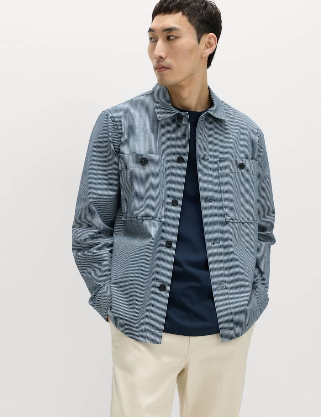 Marks & Spencer M&S Pure Cotton Striped Overshirt Indigo