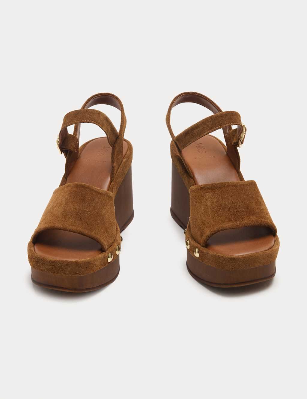 Marks & Spencer M&S Suede Studded Wedge Open Toe Clog Tan - 1