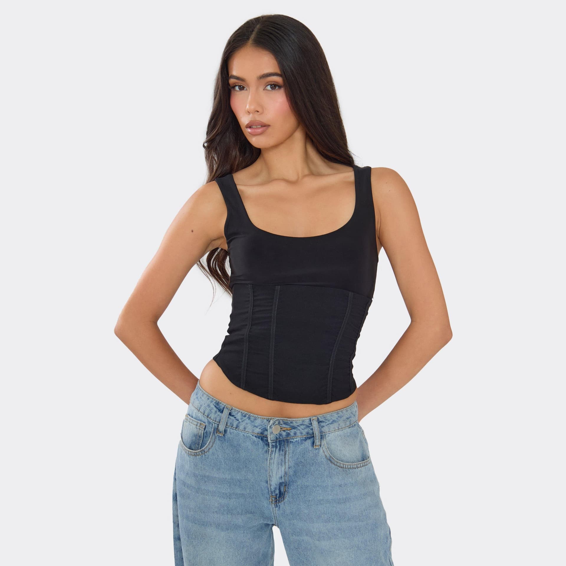 EGO Zip Up Corset Cami Top In Black Slinky, Women's Size UK 6