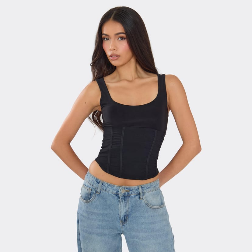 EGO Zip Up Corset Cami Top In Black Slinky, Women's Size UK 6 - 1