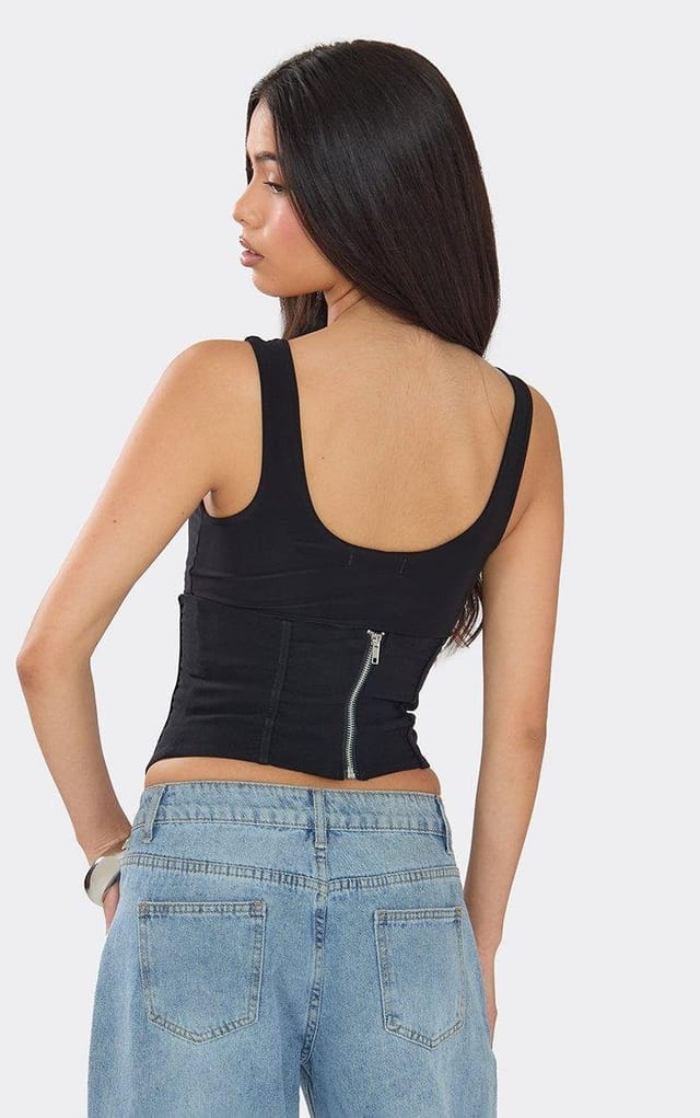 EGO Zip Up Corset Cami Top In Black Slinky, Women's Size UK 6 - 2