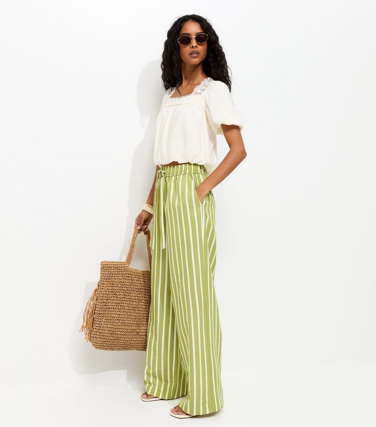 New Look Women's Green Striped Seersucker Wide Leg Trousers New Look