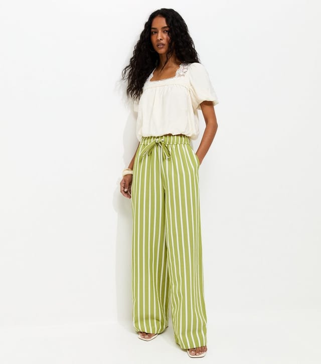 New Look Women's Green Striped Seersucker Wide Leg Trousers New Look - 3