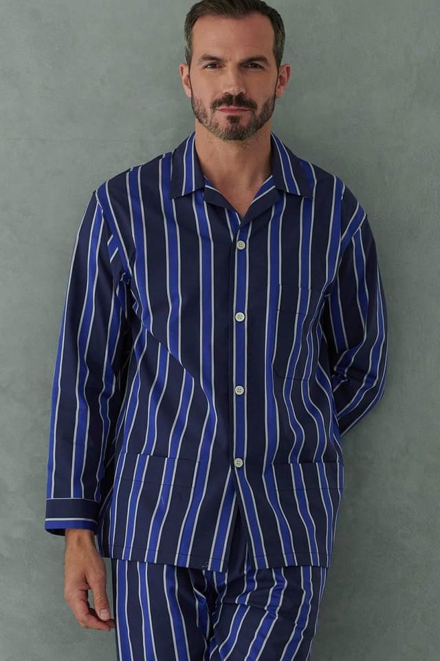 British Boxers British Boxers Men's "Royal Regimental" Satin Stripe Cotton Pyjama Set in Dark Blue - 2