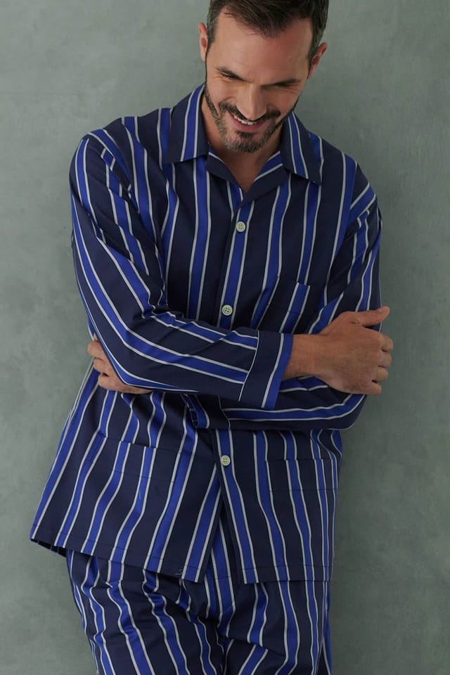 British Boxers British Boxers Men's "Royal Regimental" Satin Stripe Cotton Pyjama Set in Dark Blue - 3