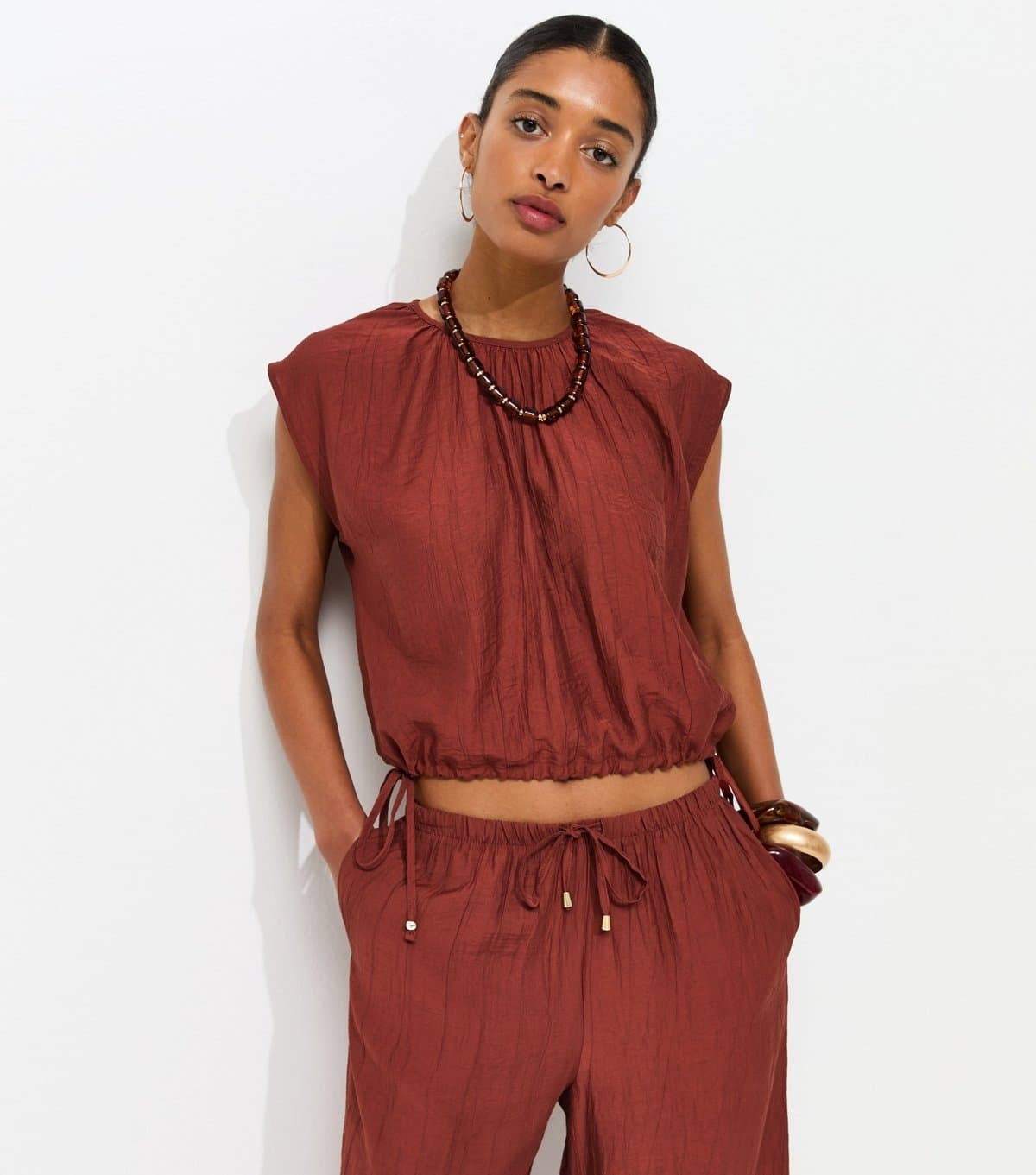 New Look New Look Rust Crinkle Texture Cap Sleeve Top