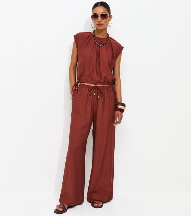 New Look Women's Rust Crinkle Texture Cap Sleeve Bubble Hem Top New Look - 2