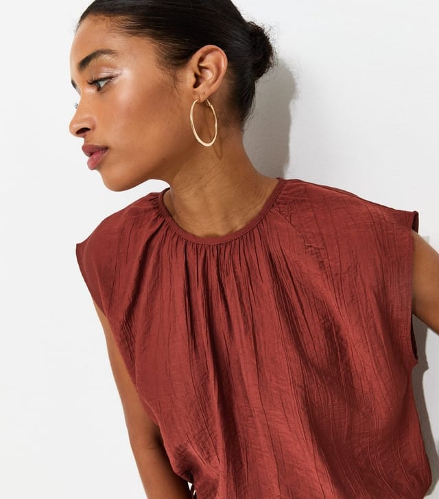 New Look Women's Rust Crinkle Texture Cap Sleeve Bubble Hem Top New Look - 3