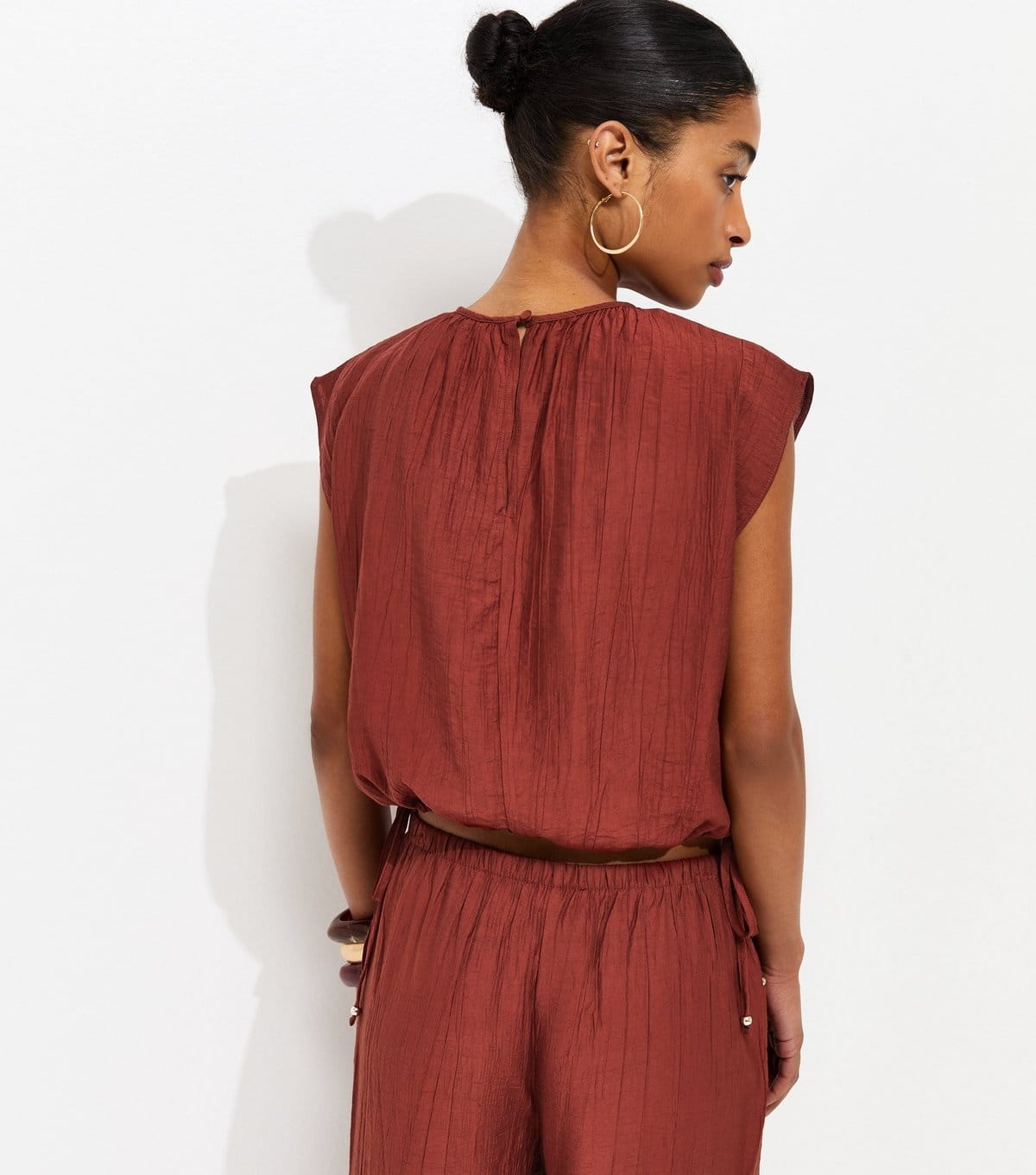 New Look Women's Rust Crinkle Texture Cap Sleeve Bubble Hem Top New Look - 4