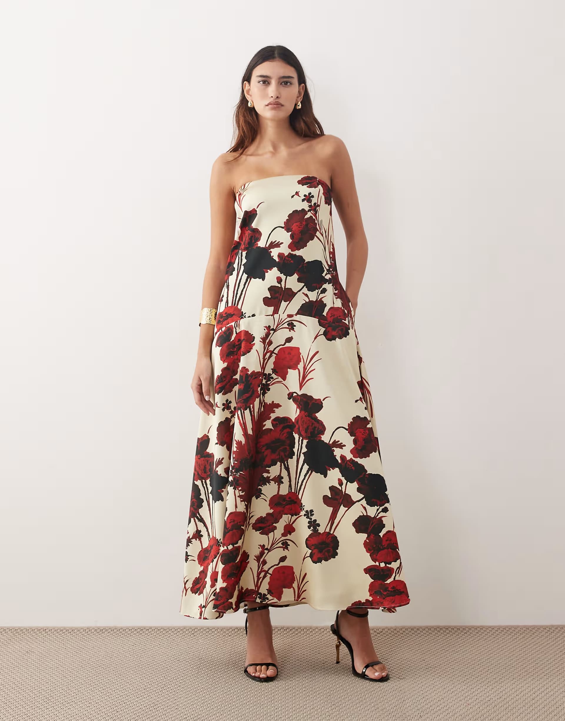 ASOS ARRANGE bandeau satin trapeze maxi dress in rose floral print